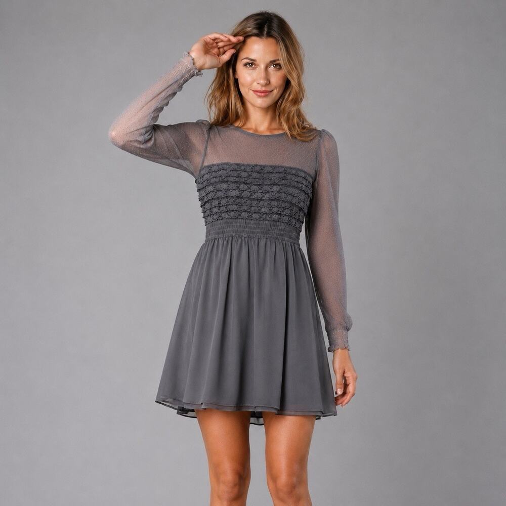Free People Gray Lace Mesh Long Sleeve Chiffon Babydoll Dress Size 6 Boho Mini